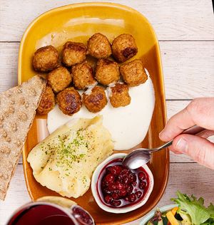 Meatballs & Mash with Creamed Gravy and Lingonberries at Dauns in East London