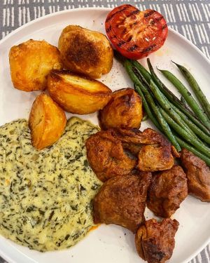 Roast Potatoes, Seitan Medallions, Bearnaise Sauce at Dauns in East London