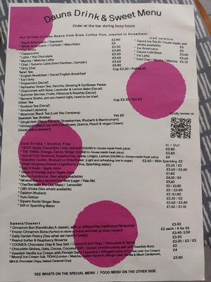 Drinks menu at Dauns in East London