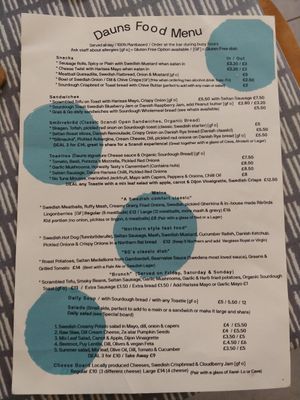 Food menu at Dauns in East London