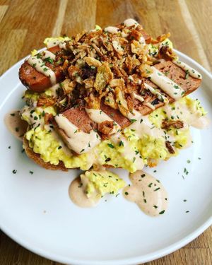 Scramble Tofu on Toast with Harissa Mayo and Bockwurst at Dauns in East London