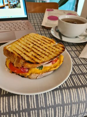 tomato, basil and mozzarella toastie at Dauns in East London