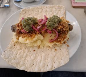 Swedish hotdog with mash & flatbread at Dauns in East London