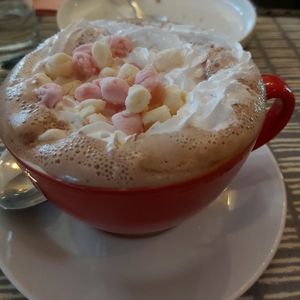 Hot chocolate with whipped cream and marshmallows at Dauns in East London