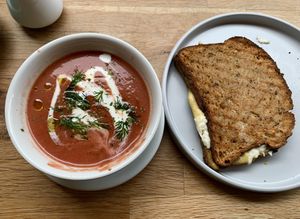 Soup of the day (beetroot) & GF cheese toastie   at Dauns in East London