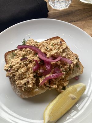 Smorrebrod - skagen, tofish on toast bread  at Dauns in East London