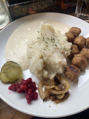 Swedish meatballs, mash, creamy gravy, fried onions, gherkins &  lingonberry  at Dauns in East London