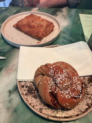 Cinnamon bun, vegan feta and spinach pastry  at Dauns in East London