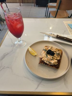 The tofish toast, came with pickled onions and dill and seaweed caviar. Was absolutely delicious! at Dauns in East London