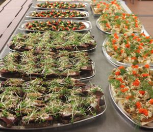 Catering at a wedding, 3 nibbles. Potato w. Saffron Aioli & Olive Tapenade. Toast with Tofish spread & Seaweed Caviar.  Seitan Roast on Rye bread with Horseradish Mayo and Cress. at Dauns in East London