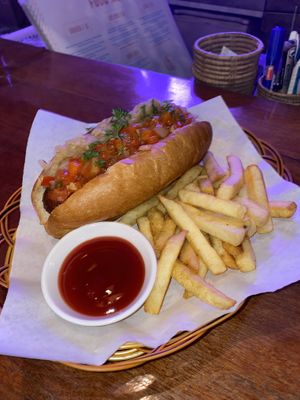 BBQ Falafel dog with fries at Sundown Social Club in Phnom Penh