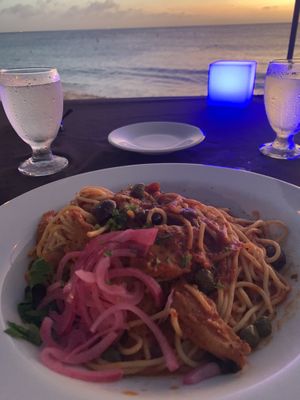 Chick’n pasta  at Passions on the Beach in Oranjestad