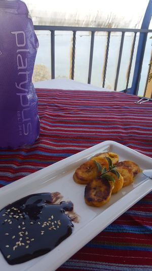 Mole sauce and fried bananas at Cafe Sabor Cruceño in Santa Cruz La Laguna