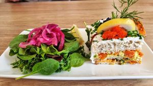 Smörgåstårta (sandwich cake) at Delivore in Stockholm