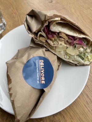 Wrap with tofu and potato salad  at Delivore in Stockholm