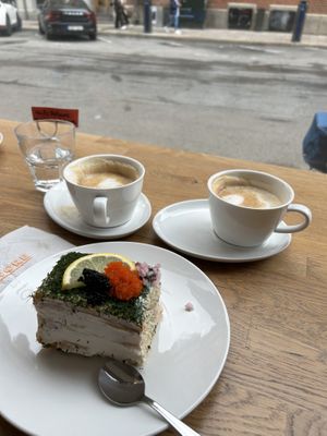Smörgåstårta and soy cappuccinos  at Delivore in Stockholm