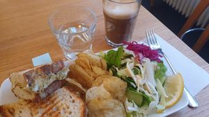 Grilled toast with crisps and salad- delicious and filling! at Delivore in Stockholm