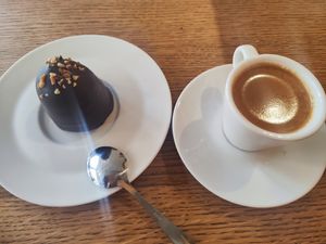 Espresso and chocolate treat which name I don't remember, it is like a marshmallow covered in chocolate, I had the caramel flavor at Delivore in Stockholm