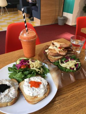 Toast skagen, s*lami sandwich and juice. at Delivore in Stockholm