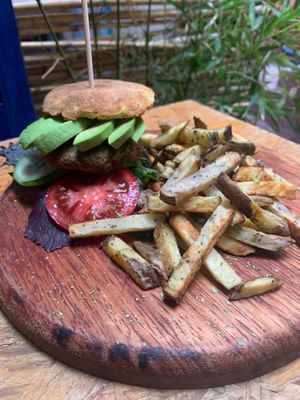 Gluten free veggie burger & air fried French fries 🍟  at Cultura Viviente in Pisac