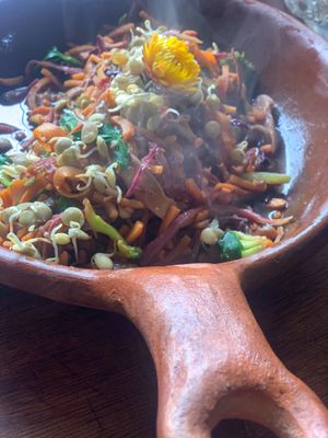 Grain free pad Thai with sweet potato noodles- made to order-  at Cultura Viviente in Pisac