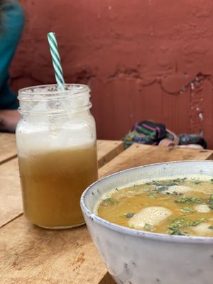 soup an jugo de piña at Cultura Viviente in Pisac