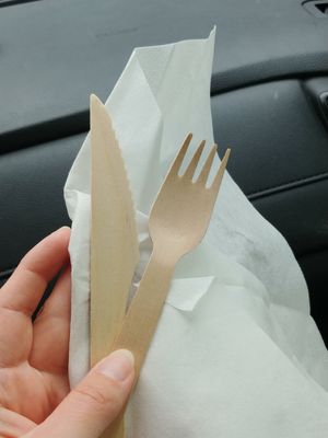 To Go Silverware: wooden, they were out of straws for the drinks at Black Bear BBQ in Asheville