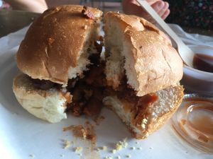 Half each of the jackfruit sandwich and soy curls sandwich. Definitely recommend the jackfruit over the soy curls. at Black Bear BBQ in Asheville