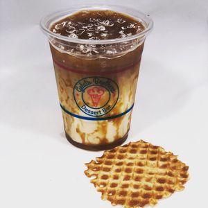 NON-Dairy Carmel Machiato - Brew Bros local roasted beans make this dairy free drink a treat using unsweetened coconut milk. Brodallion “waffle chip” contains egg at Gelato Brothers in Knoxville