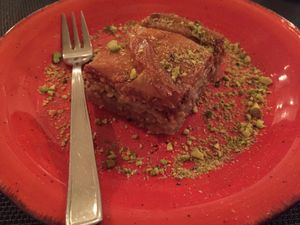 Baklawa: they create their version with orange and lemon syrup specifically for vegans to have a dessert choice  at Mezé Bistrot in Rome