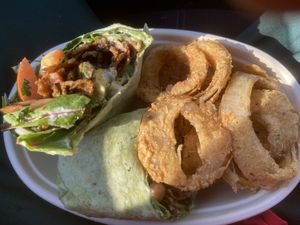Smokey Chipotle Wrap and onion rings at Daisy's Cafe II in Hazel Crest