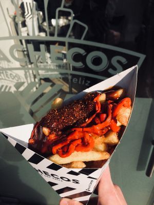 Fries with roasted pepper and bbq sauce.  at Papachecos in Santiago