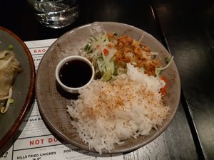 Rice and salad at Hills Dumplings in Helsinki