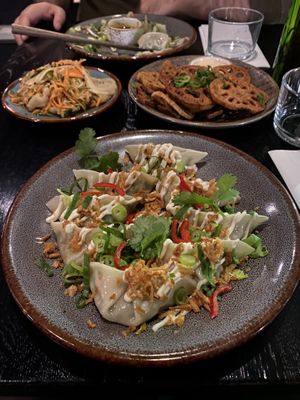 New school dumplings, lotus roots and pickles.  at Hills Dumplings in Helsinki