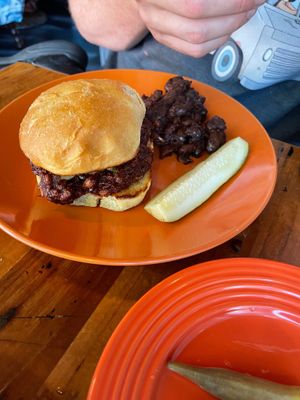 The jack, vegan bbq jackfruit sandwich with a side of vegan baked beans at Yeto's in Biddeford