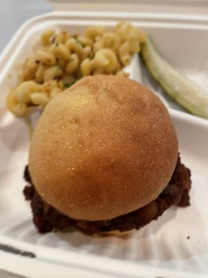 Takeout jackfruit burger with a side of Mac and cheese  at Yeto's in Biddeford