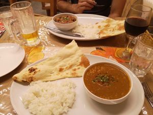 Dahl, aubergine curry, rice & naan (shared between 2)  at Raja in Naha