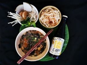 Home-made Tsukemen w’ Miso, Wakame & Tofu Soup
Famous Fukuoka Dry Noodles Meet Phu Quoc Pepper & Vietnamese Ingredients!
Drink: Organic Cider made in Saigon

 at Bun Bar in Ho Chi Minh City
