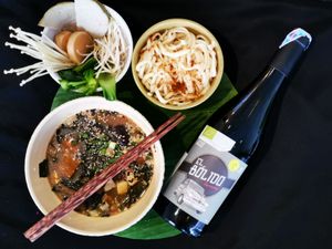 Home-made Tsukemen w’ Miso, Wakame & Tofu Soup
Famous Fukuoka Dry Noodles Meet Phu Quoc Pepper & Vietnamese Ingredients!
Drink: Vegan El Bolido Carnache

 at Bun Bar in Ho Chi Minh City