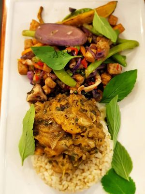 Jackfruit stew, sautéed veggies, brown rice  at Bun Bar in Ho Chi Minh City
