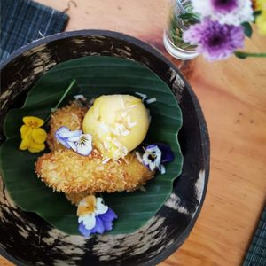 Vegan dessert - banana fritters and sorbet  at Bun Bar in Ho Chi Minh City