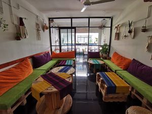New living room space with aircon and balcony with herb garden  at Bun Bar in Ho Chi Minh City