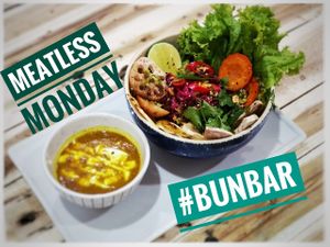 Homemade beetroot noodles with oven baked roots and curry  at Bun Bar in Ho Chi Minh City