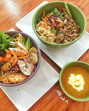 Vegan
Back To The Roots with Beetroot Noodles and Coconut Curry.

Young Jackfruit Stew with Sauteed Mixed Veggies and Brown Rice at Bun Bar in Ho Chi Minh City