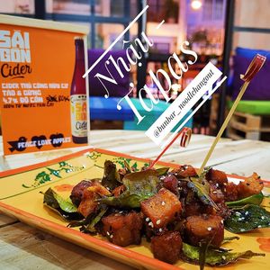 Vegan Tapas for a night out in town. Tofu and Tempeh with deep fried lime leaves
 at Bun Bar in Ho Chi Minh City