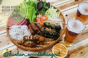 Tapas platter with homemade noodles to make your own wrap. Modern Vietnamese Kitchen.
1. Betel Leaf Wraps - Home Recipe
2. Vegan Deep Fried Spring Rolls
3. Tempeh and Tofu Skewers
 at Bun Bar in Ho Chi Minh City