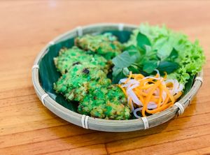 Cha Com, Green Young Rice Flake Patties, Vegan at Bun Bar in Ho Chi Minh City