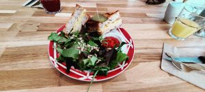 Toast with vegan cheese and homemade ketchup at L'Alchimiste in Brussels