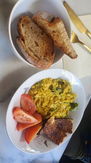 Breakfast bowl. Very good but a bit too salty for us. at L'Alchimiste in Brussels