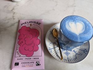 Quinoa chocolate, blue spirulina soy latte at L'Alchimiste in Brussels